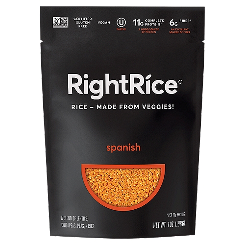A Blend of Lentils, Chickpeas, Peas + Rice

11g Complete Protein*
A Good Source of Protein
6g Fiber*
An Excellent Source of Fiber
*Per 50g serving

Rice - made from veggies!
We love rice! That's what inspired us to create a brand-new grain made from 90% veggies that's as delicious as rice, plus quick and easy to prepare! RightRice® is even more nutritious, with 11g of complete protein per serving (around four times the protein in white rice!), delivering all nine essential amino acids. Plus, RightRice® is an excellent source of dietary fiber, with 6g of fiber per serving. All of this with 40% fewer net carbs than white rice! Now you can soak up great sauces, complement courses, and eat-more-veggies, with the deliciousness of Rice - Done Right™.

RightRice®: Protein: 11g; White Rice*: Protein: 3g
RightRice®: Fiber: 6g; White Rice*: Fiber: 0g
RightRice®: Net Carbs†: 24g; White Rice*: Net Carbs†: 40g
RightRice® is a complete protein
*leading white rice, per 50g dry rice
†net carbs = total carbs - dietary fiber