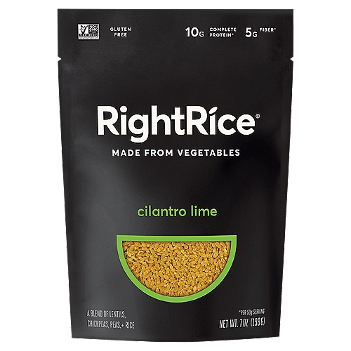 RightRice Cilantro Lime Rice, 7 oz
A Blend of Lentils, Chickpeas, Peas, + Rice

10g Complete Protein*
5g Fiber*
*Per 50g Serving

Our new grain is packed with the power of vegetables. (We found a way.)
We love rice. That's what inspired us to create a blend of over 90% nutritious vegetables + rice into a tasty grain that gives you more plant-based protein and fiber. Now you can soak up great sauces, complement courses, and inspire your next meal—all on carb-friendly diet. Enjoy Cilantro Lime RightRice®, the perfect pairing of bright cilantro with fresh lime.

RightRice®: Protein: 10g; White Rice*: Protein: 4g
RightRice®: Fiber: 5g; White Rice*: Fiber: 0g
RightRice®: Net Carbs†: 25g; White Rice*: Net Carbs†: 39g
*leading white rice, per 50g dry rice
†net carbs = total carbs - dietary fiber