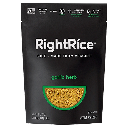 RightRice Garlic Herb Rice, 7 oz
A Blend of Lentils, Chickpeas, Peas + Rice

10g Complete Protein*
5g Fiber*
*Per 50g Serving

Our new grain is packed with the power of vegetables. (We found a way.)
We love rice. That's what inspired us to create a blend of over 90% nutritious vegetables + rice into a tasty grain that gives you more plant-based protein and fiber. Now you can soak up great sauces, complement courses, and inspire your next meal-all on a carb-friendly diet. Enjoy Garlic Herb RightRice® with fresh herb flavors and a well-rounded garlic finish.

RightRice®: Protein: 10g; White Rice*: Protein: 4g
RightRice®: Fiber: 5g; White Rice*: Fiber: 0g
RightRice®: Net Carbs†: 25g; White Rice*: Net Carbs†: 39g
RightRice® is a complete protein
*leading white rice, per 50g dry rice
†net carbs = total carbs - dietary fiber