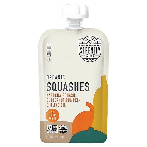 Serenity Kids Pouch, Organic Squashes, 3.5 oz
Veggies & Fats
Babies need veggies and 30g of fat per day to help grow their bodies and brains.

5 Simple Ingredients
Organic kabocha squash
Organic butternut squash
Organic olive oil
Organic pumpkin
Water