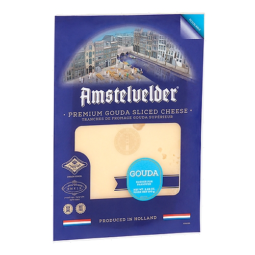 Amstelvelder Premium Gouda Sliced Cheese, 5.29 oz
Gouda Cheese 50% Fat I.D.M.
Hard Ripened Cheese 32,1% M.F.
Moisture 43,5%

Made with milk from cows not treated with rBST*
*No significant difference has been shown between milk derived for rBST-treated and non-rBST treated cows.