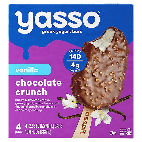 Yasso Vanilla Chocolate Crunch Dipped Greek Yogurt Bars, 2.65 fl oz, 4 count
Flavored with Other Natural Flavors Frozen Greek Yogurt

When the inside is creamy loaded and the outside is chocolatey coated... yes, you should.

Keep it real vanill
Our twist on vanilla and chocolate starts with ridiculously creamy vanilla bean flavored with other natural flavors frozen Greek yogurt and ends with a decadent chocolatey shell that's crunched up with quinoa crisps. It's time for your mouth to meet an icon in the making. Enjoy! 
Amanda & Drew Founders