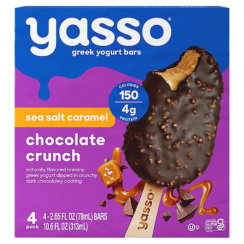 Yasso Sea Salt Caramel Chocolate Crunch Dipped Greek Yogurt Bars, 2.65 fl oz, 4 count
Naturally Flavored Frozen Greek Yogurt

When the inside is creamy loaded and the outside is chocolatey coated... yes, you should.

Salty. Sweet. Repeat.
We start with jaw-droppingly creamy caramel frozen Greek yogurt, add enough sea salt to make it *chef's kiss* just right. Then we dip it in a decadent chocolatey shell that's studded with quinoa crisps. It's nothing but good vibes. Enjoy! 
Amanda & Drew Founders