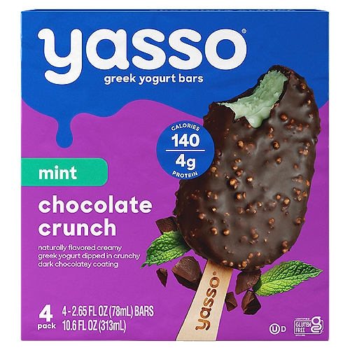 Yasso Mint Chocolate Crunch Dipped Greek Yogurt Bars, 2.65 fl oz, 4 count
Naturally Flavored Frozen Greek Yogurt

When the inside is creamy loaded and the outside is chocolatey coated... yes, you should.

Crack a minty cold one 
Each bar has creamy mint frozen Greek yogurt dipped in a sweet, crunchy chocolatey shell sprinkled with quinoa crisps. Beware, you may have to pick up the pieces of your shattered expectations when you're done. Enjoy!
Amanda & Drew Founders