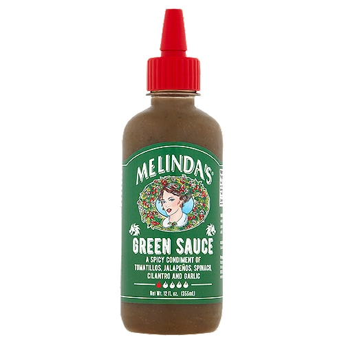 Melinda's Green Sauce, 12 fl oz
Our philosophy is simple. Heat and flavor mean everything. In Melinda's Kitchen, Green Sauce is crafted by blending together a lot of good green stuff. We mix jalapeños, tomatillos, spinach and cilantro with lime and garlic. We also add a little red habanero or as we like to call it, a little dragon fire! This sauce is bright, tangy, herbaceous, spicy and delicious!

Melinda's Green Sauce: a delicious condiment of spinach, cilantro, garlic, and peppers. Heat level 1 out of 5: the perfect amount of heat and flavor for your foods.