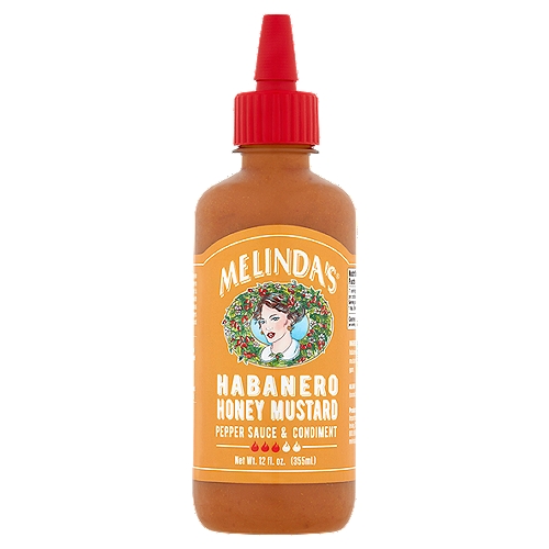 Melinda's Habanero Honey Mustard Pepper Sauce & Condiment, 12 fl oz
Our philosophy is simple. Heat and flavor mean everything. In Melinda's Kitchen, Habanero Honey Mustard Pepper Sauce and Condiment is crafted by blending sweet Colombian honey with mustard and fiery Habaneros to craft a delicious sauce that is perfect for dipping chicken fingers and sausages. It is excellent for sandwiches and makes an incredible vinaigrette.

Melinda's Habanero Honey Mustard: A blend of the fiery hot Habanero pepper and sweet Colombian honey. Heat level 3 out of 5: A great heat level for those that love sweet fiery heat. Uses: great for sandwiches and hot dogs. It also makes a great vinaigrette and is perfect for dipping chicken fingers and sausages. Use it on your next cheese board.