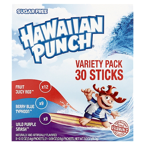 Hawaiian Punch Sugar Free On The Go Drink Mix Sticks Variety Pack, 30 count, 3.0 oz
Delicious Hydration!
The refreshing taste you know and love in an easy on the go packet. With a bold, fruity taste and zero sugar, Hawaiian Punch drink mixes bring the full wave of flavor in every sip!
