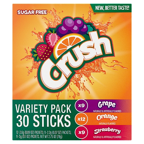 Crush Sugar Free Grape Orange Strawberry On the Go Drink Mix Variety Pack, 30 count, 2.75 oz
Delicious Hydration!
The refreshing taste you know and love in an easy on the go packet. With a bold, fruity taste and zero sugar, Crush drink mix brings an exciting rush of flavor in every sip!

An easy way to add a burst of delicious flavor to your water. Take your favorite Crush flavor with you wherever you go!