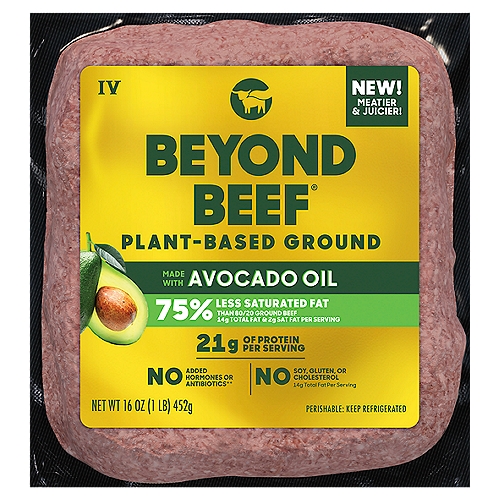 Beyond Meat Beyond Beef Plant-Based Ground 16 oz
If you can name it, beef can make it - from tacos and empanadas to sliders and beyond. Beyond Beef is an excellent source of protein (20g per serving), has no cholesterol, and is lower in saturated fat (35% less than 80/20 beef per serving). Made from simple plant-based ingredients - like peas and brown rice - Beyond Beef has no GMOs, soy or gluten. Each 1lb package is also a convenient one-to-one swap for all of your favorite recipes..

See nutrition panel for fat, sat fat and sodium content.

Saturated fat comparison for 4 oz (raw)
80/20 ground beef - 8g
Beyond Beef® - 5g