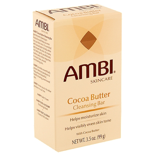 Ambi Cocoa Butter Cleansing Bar goes beyond cleansing to moisturize and help you even out your skin tone. It is enriched with cocoa butter to help soften and smooth dry skin. Its creamy rich lather gently yet effectively washes away surface impurities to reveal clean, smooth even-looking skin.