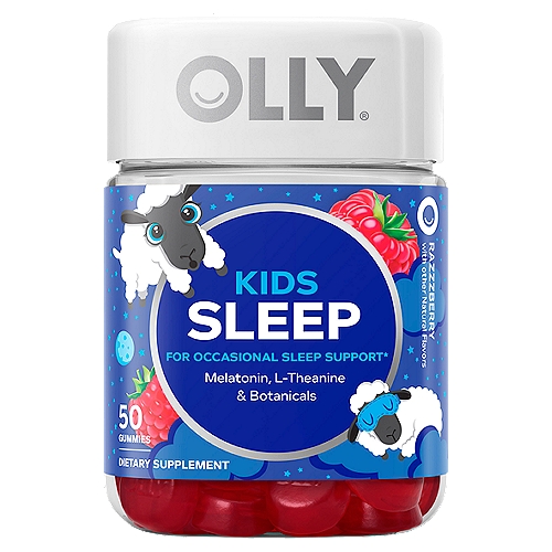 Olly Kids Razzberry Sleep Melatonin, L-Theanine & Botanicals Dietary Supplement, 50 count
For occasional sleep support*

When Bedtime Needs a Boost
Kiddos thrive on routine, so troublesome bedtimes can be a real setback. This mild blend is just the thing for those occasional restless nights. Sweet dreams, little one.

The Goods Inside
Melatonin
This gentle supporter of sleep works naturally with little bodies to promote peaceful slumber.*

Botanicals
Chamomile, passionflower and lemon balm have been used for centuries to help soothe the body and mind.
* These statements have not been evaluated by the Food and Drug Administration. This product is not intended to diagnose, treat, cure or prevent any disease.