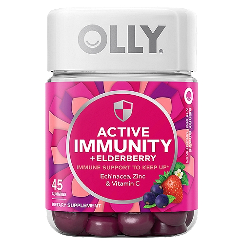 Olly Berry Brave Active Immunity + Elderberry Gummies Dietary Supplement, 45 count
Immune support to keep up*

Naturally Tasty
A sweet blend of berries and cherries.

Keep On Keeping On
Life doesn't often slow down, even when you do. This trusty little side kick helps support a healthy immune system - so you can keep doing your thing.*

The Goods Inside
Elderberry
This wise little berry has been used for centuries to support wellness and packs a powerful punch of phytonutrient plant power.

Immunity Blend
We packed this baby with the goodness of echinacea and a boost of essential vitamin C & zinc to help keep your immune system running strong.*
* These statements have not been evaluated by the Food and Drug Administration. This product is not intended to diagnose, treat, cure or prevent any disease.