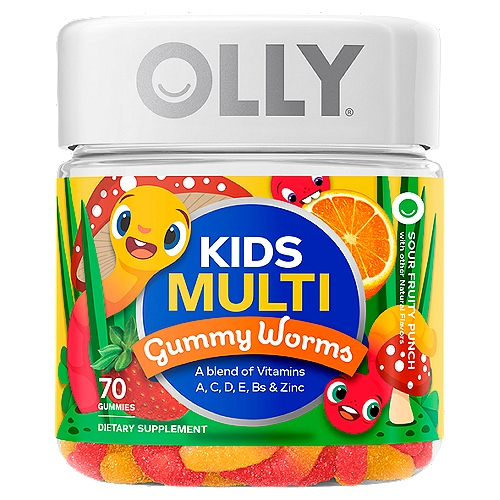 Olly Kids Sour Fruity Punch Multi Gummy Worms Dietary Supplement, 70 count
Naturally Tasty
A peppy punch of orange and strawberry.

As if taking gummy vitamins could get any more fun... say hello to Olly Kids Multi Gummy Worms! These nutrient packed guys are just the thing to support your kiddos as they grow.* They're made with a complete blend of daily vitamins and minerals to help fill any nutritional gaps (because let's face it, not all wiggle worms love to eat their veggies!) and promote overall wellness.*
Happy wiggling.
*These Statements Have Not Been Evaluated by the Food and Drug Administration. This Product is Not Intended to Diagnose, Treat, Cure or Prevent Any Disease.

The Goods Inside
Vit D, Vit B12, Vit B5, Vit C, Vit E, Vit A, Zn