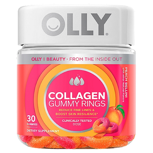 Olly Peach Bellini Collagen Gummy Rings Dietary Supplement, 30 count
Reduce Fine Lines & Boost Skin Resilience*

Naturally Tasty
A juicy burst of sweet peach.

Looking Peachy
These delicious little gummy rings are packed with collagen—a beauty superstar that's an essential part of that youthful glow we all long for.* It nourishes your skin on a deep level to help improve firmness and resiliency as well as helps diminish the appearance of those pesky little lines and wrinkles.* We'll take two!

We've included a clinically tested dose of Bioactive Collagen Peptides®, shown to reduce the appearance of fine lines and worrisome wrinkles in as little as 4 weeks.*
* These Statements Have Not Been Evaluated by the Food and Drug Administration. This Product is Not Intended to Diagnose, Treat, Cure or Prevent Any Disease.