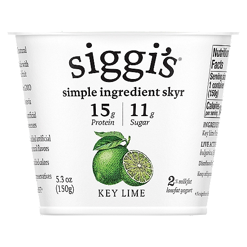 Siggi's Key Lime Lowfat Yogurt, 5.3 oz
siggi's® 2% Icelandic Strained Lowfat Key Lime Yogurt is an ode to deeply rooted Scandinavian dairy tradition that has been a part of Icelandic culture for centuries. siggi's® founder wasn't thrilled with the overly sweet and artificial taste of other US yogurt brands, inspiring him to create thoughtfully simple yogurt sourced with milk from family farms. And speaking of milk, each cup of siggi's® strained yogurt uses 4x the amount of milk than a regular cup of yogurt - making it rich in protein without all the sugar. siggi's® yogurt is thick and creamy - ideal as a low fat addition to breakfast, a nutritious snack, or an afternoon pick-me-up. Pair with your favorite toppings, like fresh berries and granola, or enjoy as is. Our lowfat key lime yogurt contains 6 simple ingredients without all those dreadful artificial sweeteners.