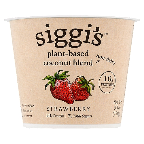 Siggi's Strawberry Plant-Based Coconut Blend Yogurt, 5.3 oz
10g Protein per serving*
* See nutrition facts for sat. fat content

Live Active Cultures: S. thermophilus, L. delbrueckii subsp. bulgaricus, L. plantarum, L. acidophilus B. lactis

3x more protein & 40% less sugar than leading yogurt alternatives
On average, siggi's plant-based flavored products have 1.6g sugar per oz., 1.9g protein per oz., compared to the leading flavored yogurt alternatives' average of 2.9g sugar per oz., 0.6g protein per oz.