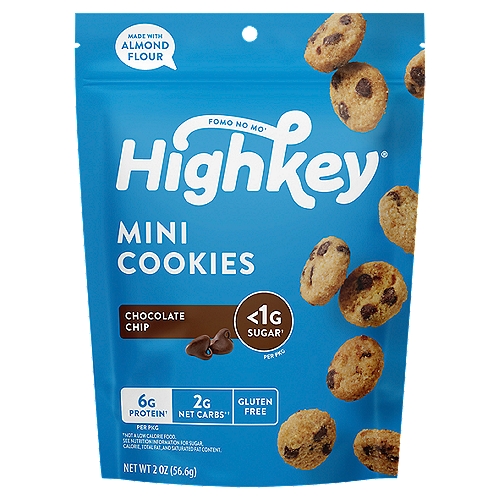 Highkey Chocolate Chip Mini Cookies, 2 oz
<1g Sugar† per Pkg
6g Protein† per Pkg

2g Net Carbs*† per Pkg
*Net Carbs per Package
Total Carbs 24g - Dietary Fiber 5g - Erythritol 17g = Net Carbs 2g

Holy Chip these Are Good!
With five-star flavor that will remind you of your childhood favorites and zero added sugar,† our Chocolate Chip Mini Cookies are the crunchy cookies you've been looking for.
†Not a Low Calorie Food.