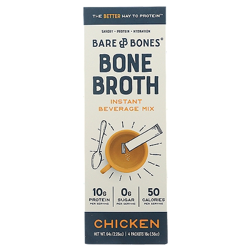 0g Sugar* per Serving
*Not a Low Calorie Food

Why Instant Broth?
Most protein snacks are loaded with empty carbs, providing needless calories that can result in unwanted sugar crash. With its rich blend of protein, collagen, amino acids, and minerals, bone broth has been nourishing humankind for centuries. And now we have found a way to provide the same sippable, delicious, nutrient-dense bone broth in a great-tasting beverage mix that delivers the protein you want, the hydration your body needs, and none of the sugar.

Essential Goodness. Nothing Else.