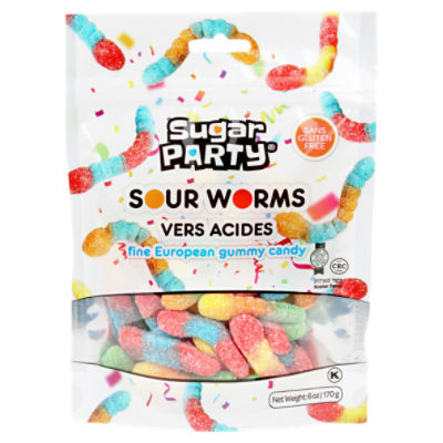 Sugar Party Sour Worms Fine European Gummy Candy, 6 oz