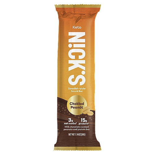 N!ck's Keto Swedish-Style Choklad Peanöt Snack Bar, 1.76 oz
Milk Chocolate Coated Peanuts and Protein Bar

15g protein†
No added sugar†
†Not a Low Calorie Food. See Nutrition Facts for Calories, Sugars, Total Fat and Saturated Fat Content.