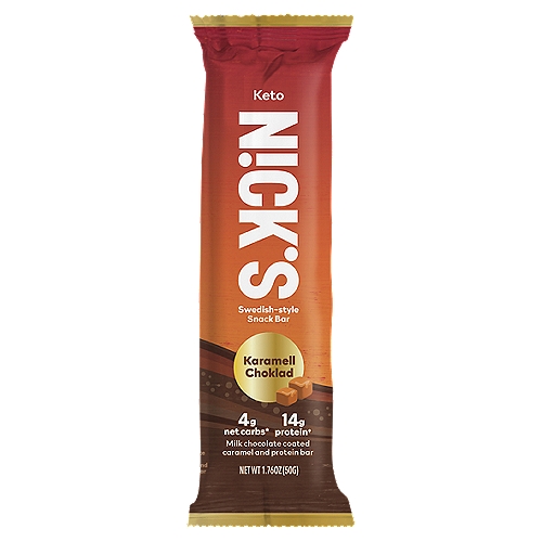 N!ck's Swedish-Style Karamell Choklad Snack Bar, 1.76 oz
4g net carbs*
14g protein†
No added sugar†
†Not a Low Calorie Food. See Nutrition Fact for Calories, Sugar, Total Fat and Saturated Fat, Content.

Milk chocolate coated caramel and protein bar