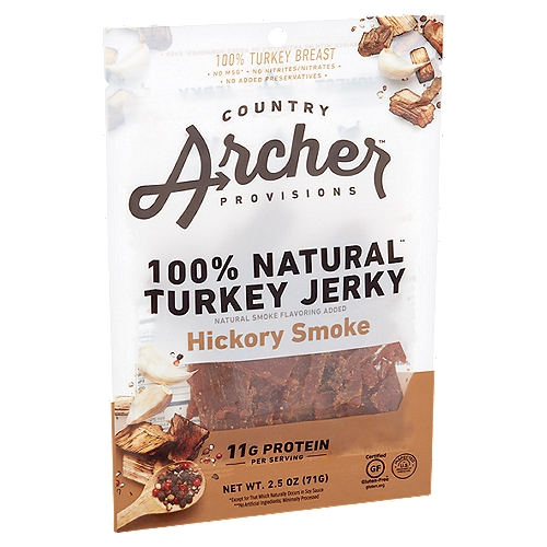 Country Archer Provisions Hickory Smoke 100% Natural Turkey Jerky, 2.5 oz
No MSG*
*Except for that which naturally occurs in soy sauce

100% Natural**

Turkey Raised with No Antibiotics or Added Hormones* Ever
*Federal Regulations prohibit the use of hormones in poultry

Honest Jerky
Let's talk turkey.
The truth is, we were doing small-batch, hand crafted meat snacks before it was a thing.
In fact, several of our recipes were first made in 1977. Of course, back then we didn't call it ''old-school.'' It was just ''school'', and we learned how to do things the right way — with all-natural** turkey, authentic hickory smoke flavor, and no nonsense. And if any of those turkeys went to school, you'd better believe they had to walk. Uphill. Both ways.
**No artificial ingredients; minimally processed