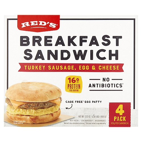 Red's Turkey Sausage, Egg & Cheese Breakfast Sandwich, 4 count, 17.2 oz
Antibiotic Free* Turkey Sausage Patty
*Made with turkey raised without antibiotics

Cage Free† Egg Patty with Cheese
†Birds never confined to cages when raising