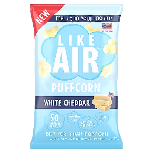 Like Air White Cheddar Puffcorn, 4 oz
American Cheddar, the World's Best!
Our Like Air® White Cheddar Puffcorn is Crafted with Premium Cheddar Cheese from the heart of the USA! This Deliciously Cheesy Melt-in-Your-Mouth Snack Will Leave You smile and Reaching for More!