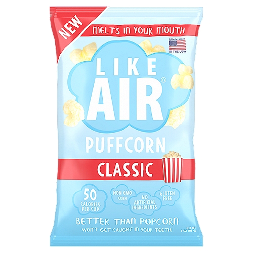 Like Air Baked Puffcorn is a delicious, light and airy puffed snack that melts in your mouth. Unlike popcorn, our snacks contain no hulls or hard kernels and wonâ€t get stuck in your teeth. Youâ€ve never tried anything like this! 50 CALORIES PER CUP. PROUDLY MADE IN THE USA. GLUTEN FREE. NOTHING ARTIFICIAL. NON GMO CORN.