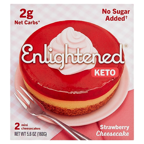 Enlightened Keto Strawberry Cheesecake, 2 count, 5.6 oz
Original New York Style Cheesecake with a Vanilla Almond Crust and a Strawberry Jam Filling, Topped with Strawberry Cream

2g net carbs*
*19g carbs - 1g fiber - 9g erythritol - 7g allulose = 2g net carbs

Keto dessert? Piece of cake.
Real cheesecake. Real delicious toppings. Really made without added sugar. Get ready to indulge.