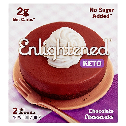 Enlightened Keto Chocolate Cheesecake, 2 count, 5.6 oz
Chocolate Cheesecake with a Chocolate Almond Crust, Topped with Whipped Cream

2g net carbs*
*18g carbs - 2g fiber - 8g erythritol - 6g allulose = 2g net carbs

Keto dessert? Piece of cake.
Real cheesecake. Real delicious toppings. Really made without added sugar. Get ready to indulge.