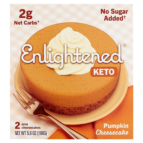 Enlightened Keto Pumpkin Cheesecake, 2 count, 5.6 oz
Pumpkin Cheesecake with a Vanilla Almond Crust, Topped with Whipped Cream

2g net carbs*
*18g carbs - 2g fiber - 8g erythritol - 6g allulose = 2g net carbs

Keto dessert? Piece of cake.
Real cheesecake. Real delicious toppings. Really made without added sugar. Get ready to indulge.