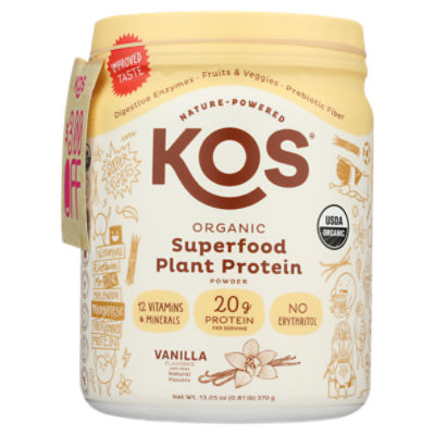 KOS Organic Vanilla Flavored Superfood Plant Protein Powder, 13.05 oz
