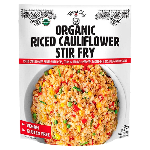 Tattooed Chef Organic Riced Cauliflower Stir Fry, 12 oz
Riced Cauliflower Mixed with Peas, Corn & Red Bell Peppers Tossed in a Sesame Ginger Sauce

Growing + Making Plant-Based Foods for People Who Give a Crop™