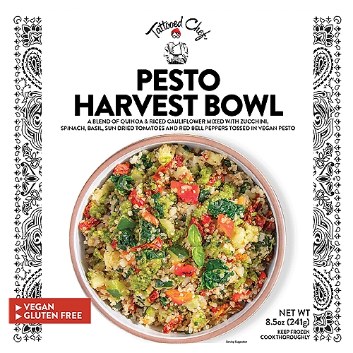 Tattooed Chef Pesto Harvest Bowl, 8.5 oz
A Blend of Quinoa & Riced Cauliflower Mixed with Zucchini, Spinach, Basil, Sun Dried Tomatoes and Red Bell Peppers Tossed in Vegan Pesto