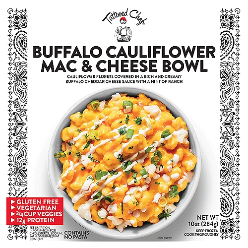 Tattooed Chef Buffalo Cauliflower Mac & Cheese Bowl, 10 oz
Cauliflower Florets Covered in a Rich and Creamy Buffalo Cheddar Cheese Sauce with a Hint of Ranch