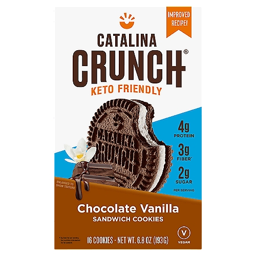 Catalina Crunch Keto Friendly Chocolate Vanilla Sandwich Cookies, 16 count, 6.8 oz
4g Protein, 3g Fiber*, 2g Sugar per Serving
* 6g total fat per serving.

Our Sandwich Cookies Are Made with the Delicious Taste and Crunch of Your Favorite Cookies, Featuring Plant-Based Protein and Fiber with Minimal Sugar, Made from Specially Curated Natural Ingredients.

12g Carbs - 3g Fiber - 4g Allulose = 5g Net Carbs