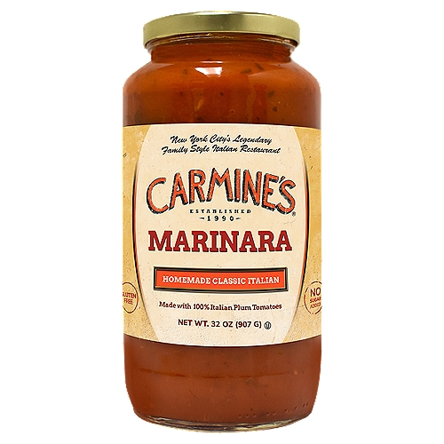 Carmine's Homemade Classic Italian Marinara Sauce, 32 oz
For over 30 years, Carmine’s Family Style Italian Restaurant has been making delicious Southern Italian classics from scratch, just like Grandma did every Sunday. We want every day to feel like a Sunday afternoon at Grandma’s. At Carmine's, our famous, abundant, "wow-factor" sized portions make any meal feel like you are at an Italian wedding feast. Now, you can bring the Carmine's celebration back home to your family. Mangia!