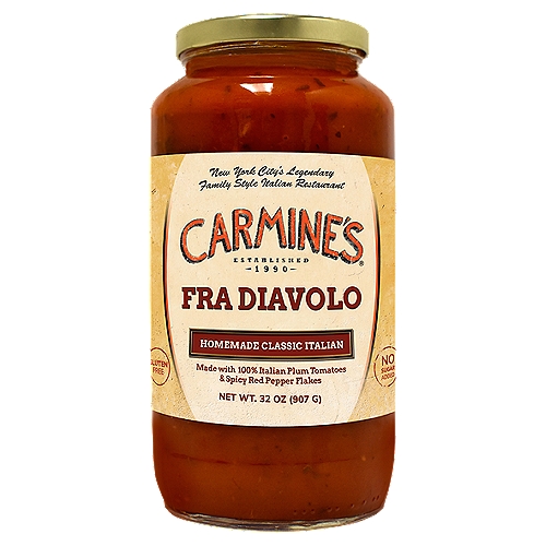 Carmine's Homemade Classic Italian Fra Diavolo Sauce, 32 oz
For over 30 years, Carmine’s Family Style Italian Restaurant has been making delicious Southern Italian classics from scratch, just like Grandma did every Sunday. We want every day to feel like a Sunday afternoon at Grandma’s. Carmine’s Southern Italian classics, served in its famous “wow-factor” sized portions, make any meal feel like an Italian American wedding feast, and now you can bring the Carmine’s experience back home to your family. Mangia!

