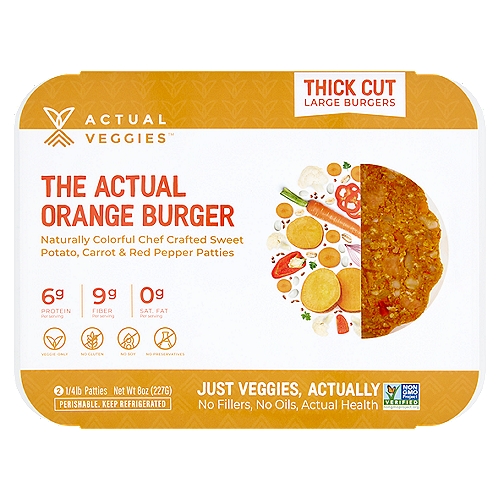 Actual Veggies The Actual Thick Cut Large Orange Burger Patties, 1/4 lb, 2 count
Naturally Colorful Chef Crafted Sweet Potato, Carrot & Red Pepper Patties

A Delicious Celebration of Veggie—Only Goodness
Introducing The Actual Orange Burger with absolutely nothing to hide.