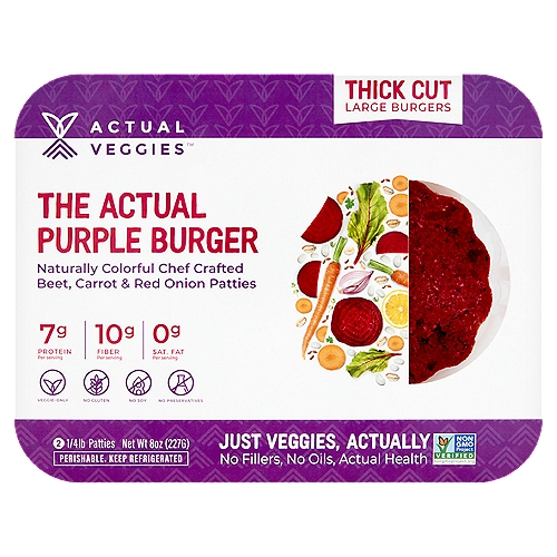 Actual Veggies Thick Cut Large The Actual Purple Burger Patties, 1/4 lb, 2 count
A Delicious Celebration of Veggie-Only Goodness
Introducing The Actual Purple Burger with absolutely nothing to hide.