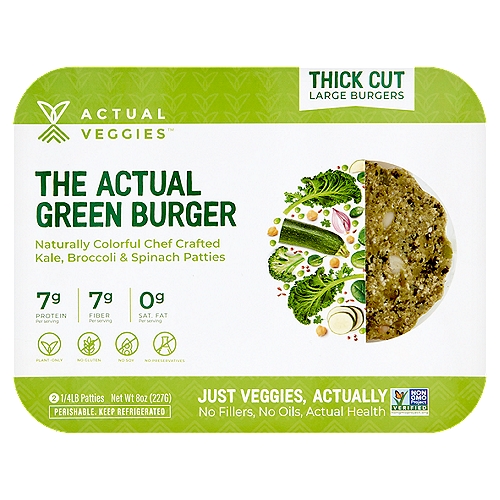 Actual Veggies Thick Cut Large The Actual Green Burger Patties, 1/4 lb, 2 count
A Delicious Celebration of Plant-Only Goodness
Introducing The Actual Green Burger with absolutely nothing to hide.