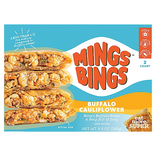 MingsBings Buffalo Cauliflower Bing, 2 count, 8.8 oz
Gluten Free, Vegan, Vegetarian, Nut Free