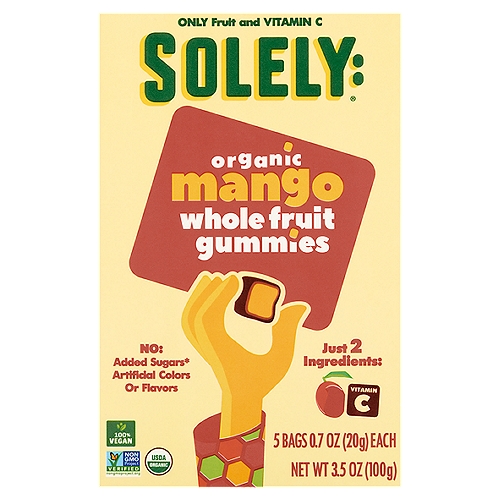Solely Organic Mango Whole Fruit Gummies, 0.7 oz, 5 count
No: added sugars*, artificial colors or flavors

The only gummie that comes straight from a tree.
Solely Whole Fruit Gummies are made with whole organic fruit, picked fresh on our Solely Certified Farms, and then crafted into tasty little gummie cubes.
We never add unnecesary ingredients like sugar, corn syrup or gelatin.

Who says you need sugar & delicious gummies?

Solely gummies have no: added sugars*, chemicals, pesticides, gelatin, GMOs, fillers
*Not a Low-Calorie Food, See Nutritional Facts Panel for More Information on Calories and Sugars.