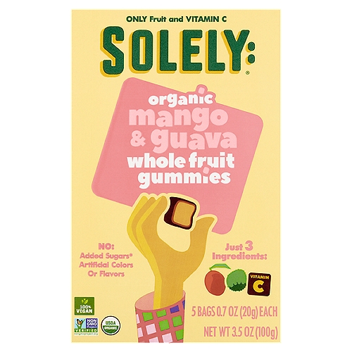 Solely Organic Mango & Guava Whole Fruit Gummies, 0.7 oz, 5 count
No: added sugars*, artificial colors or flavors

The only gummie that comes straight from a tree.
Solely Whole Fruit Gummies are made with whole organic fruit, picked fresh on our Solely Certified Farms, and then crafted into tasty little gummie cubes.
We never add unnecesary ingredients like sugar, corn syrup or gelatin.

Who says you need sugar & gelatin to make delicious gummies?

Solely gummies have no: added sugars*, chemicals, pesticides, gelatin, GMOs, fillers
*Not a Low-Calorie Food, See Nutritional Facts Panel for More Information on Calories and Sugars.