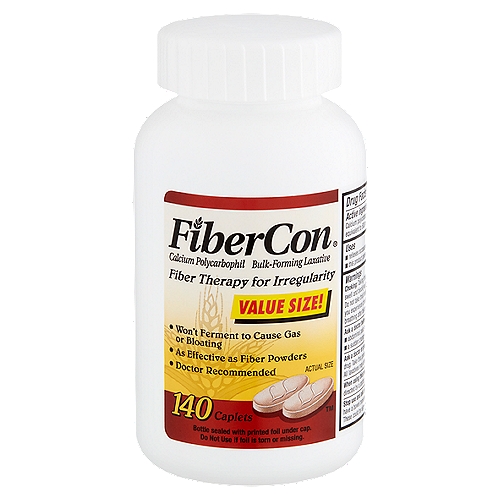 FiberCon Fiber Therapy for Irregularity Caplets, 140 count
Drug Facts
Active ingredient (in each caplet) - Purpose
Calcium polycarbophil 625 mg equivalent to 500 mg polycarbophil - Bulk forming laxative

Uses
■ relieves occasional constipation (irregularity)
■ this product generally produces bowel movement in 12 to 72 hours