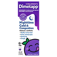 Dimetapp Children's Nighttime Cold & Congestion Grape Flavor For Ages 6 Yrs. & Over, Liquid, 4 Fluid ounce