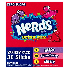 Nerds On the Go Zero Sugar Candy Drink Mix Sticks Variety Pack, 0.1 oz, 30 count, 2.9 Ounce