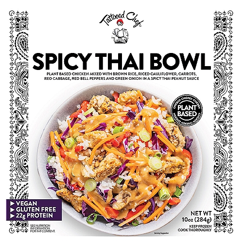 Tattooed Chef Spicy Thai Bowl, 10 oz
Plant Based Chicken Mixed with Brown Rice, Riced Cauliflower, Carrots, Red Cabbage, Red Bell Peppers and Green Onion in a Spicy Thai Peanut Sauce