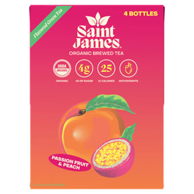 Saint James Passion Fruit & Peach Flavored Organic Brewed Green Tea, 16 fl oz, 4 count